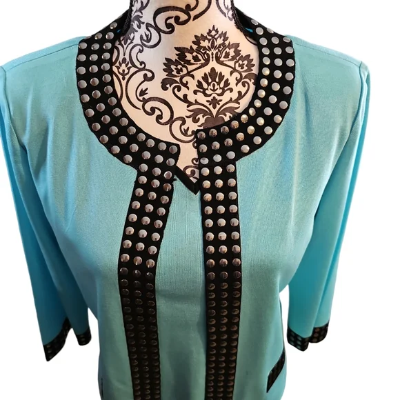 Ming Wang sz medium turquoise black cardigan with sz small shell - Picture 5 of 9